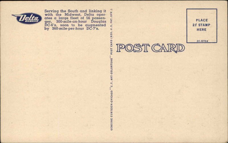 Delta Airlines Airplane over Miami Beach Linen Postcard