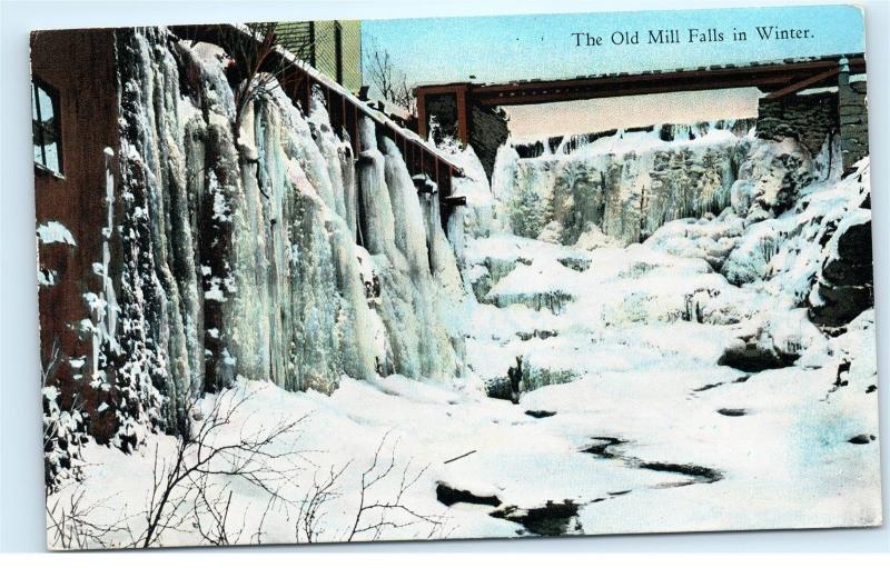 The Old Mill Falls in Winter Snow Ice Icicles Antique Vintage Old Postcard C76
