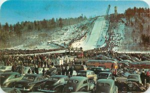 Bus Woody Wagon Iron Mountain Michigan Pine Mountain Ski Jump Postcard Cook 9384