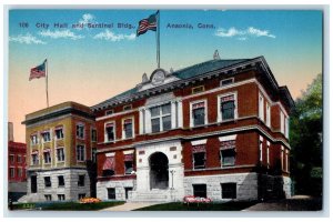 c1950 City Hall Sentinel Building Entrance Flags Ansonia Connecticut CT Postcard