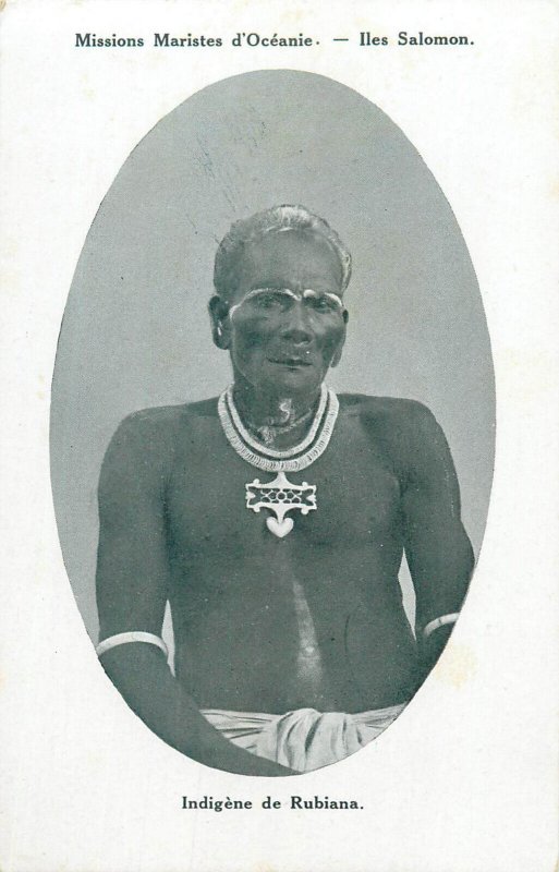 Oceania Solomon Islands ethnic Rubiana native chief Missions Maristes postcard 