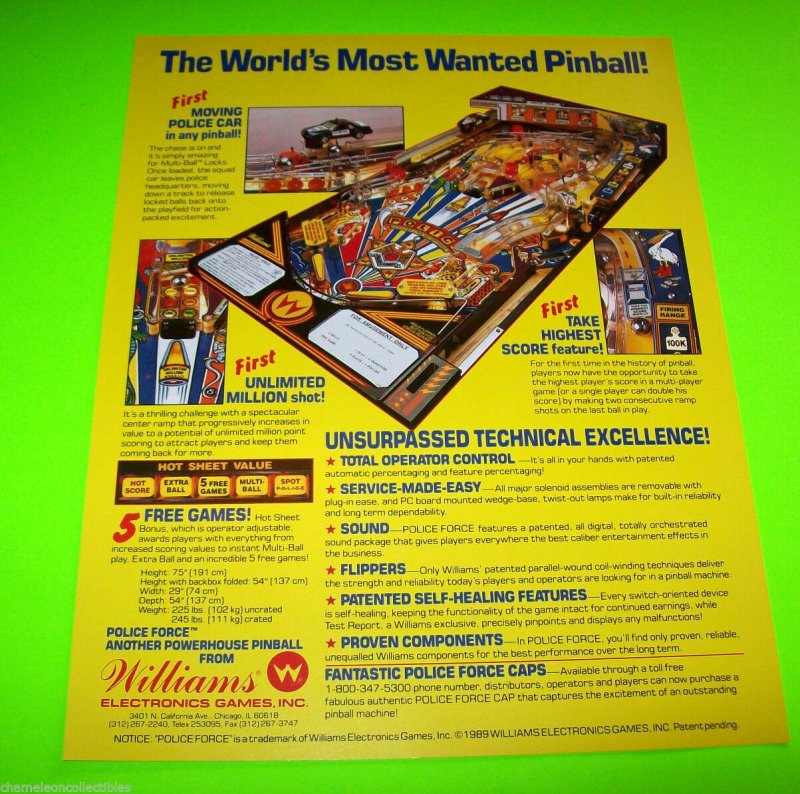 Police Force Pinball FLYER Original Unused  1989 Promo Artwork Cops Robbers