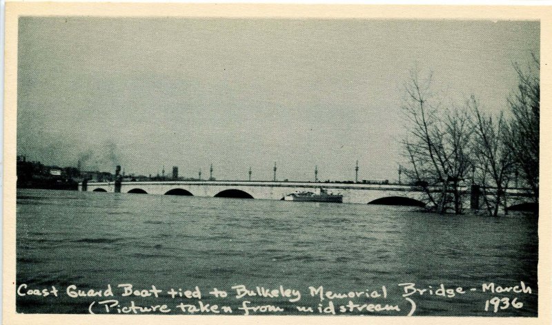 CT - Hartford. Great Flood, March 1936. Coast Guard Boat Tied to Bulkeley Bridge