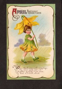 April Birthday Greetings Girl Flower Umbrella Rain Poem Embossed Postcard