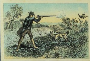1870's-80's Victorian Trade Card Bird Hunting Man Rifle Dogs Field P82