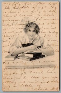 Postcard c1914 Arist Signed AS Schlesinger Bros Lady With Music Books Ribbon