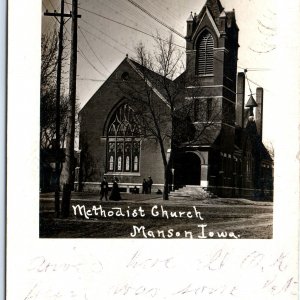 c1910s Manson, IA RPPC Methodist Church People Telegraph Lines Street Light A106