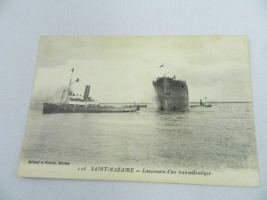 Vintage Postcard SAINT-NAZAIRE Lancement d'un Transatlantigue Ships in Water