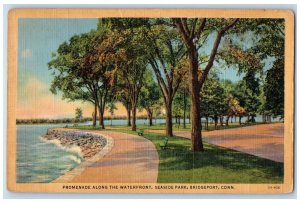 1952 Promenade Along Waterfront Seaside Park Benches View Bridgeport CT Postcard 