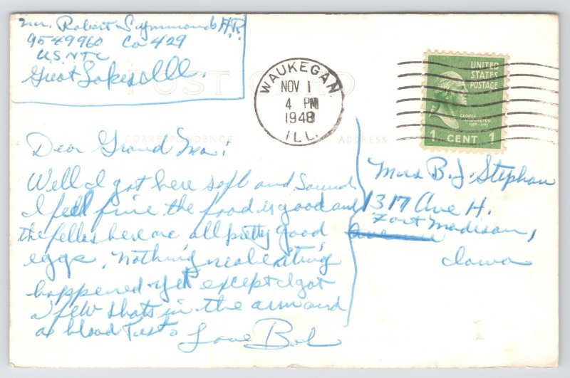 Real Photo Postcard~Sailor Asleep In Bunk~Sailors Prayer~PM 1948 Illinois~RPPC