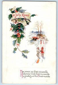 Christmas Postcard Holly Berries Winter Scene Children South Pomfret VT 1923