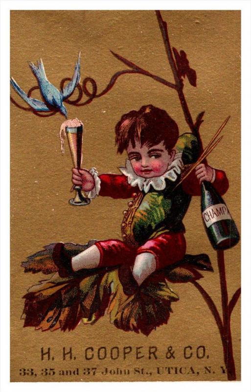 Child drinking Champagne H.H.Cooper Utica New York  Victorian  Trade Card