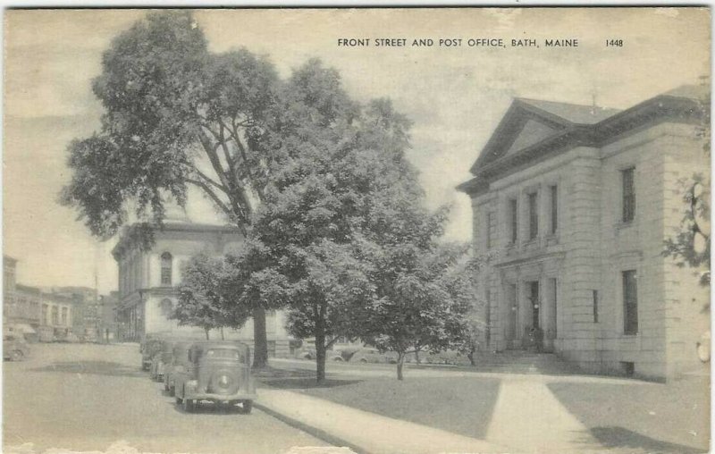 1940s postcard, Front Street and Post Office, Bath, Maine