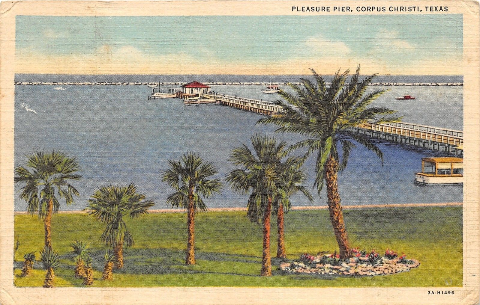 Corpus Christi Texas~Pleasure Pier~Boats~Palm Trees in Foreground~1938