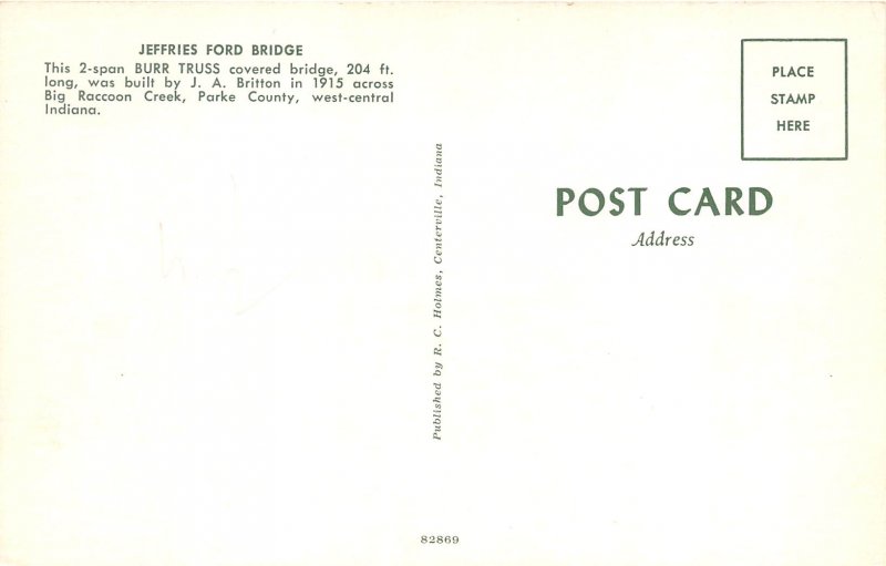 Parke County Indiana 1960s Postcard Jeffries Ford Covered Bridge