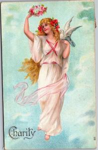 Charity Beautiful Goddess Dove Flowers Crown c1909 Vintage Postcard J03