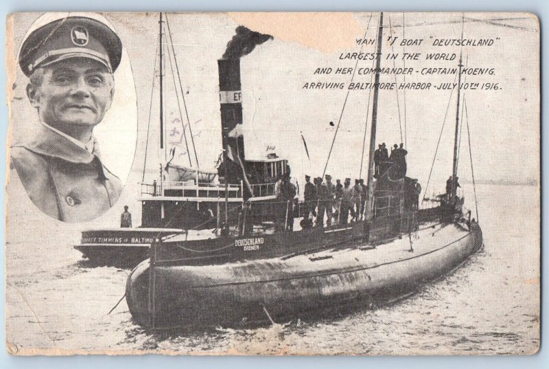 Germany Postcard Boat Deutschland Captain Koenig 1916 Posted Antique