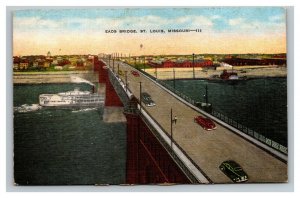 Vintage 1949 Postcard Steam Ship Antique Cars on Eads Bridge St. Louis Missouri