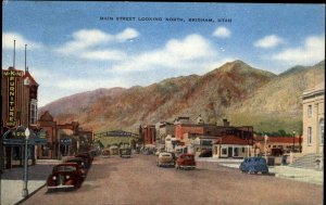 Brigham Utah UT Main Street Scene Classic Cars Trucks Linen Vintage Postcard