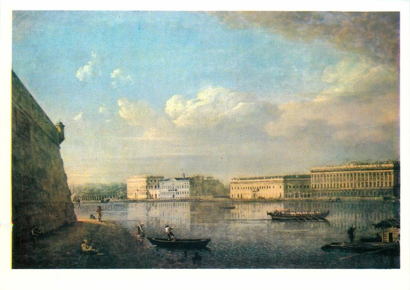 Painting Drawing Postcard Russian art Landscape walls and water boats and buildi