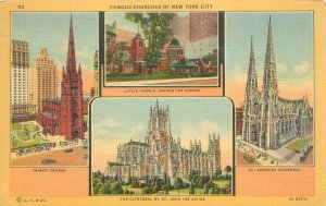 New York City Famous Churches, 4 Views,  1952 Linen Postcard Used