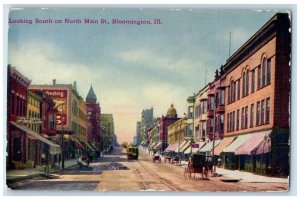 c1910's Looking South On North Main Street Trolley Bloomington IL Postcard