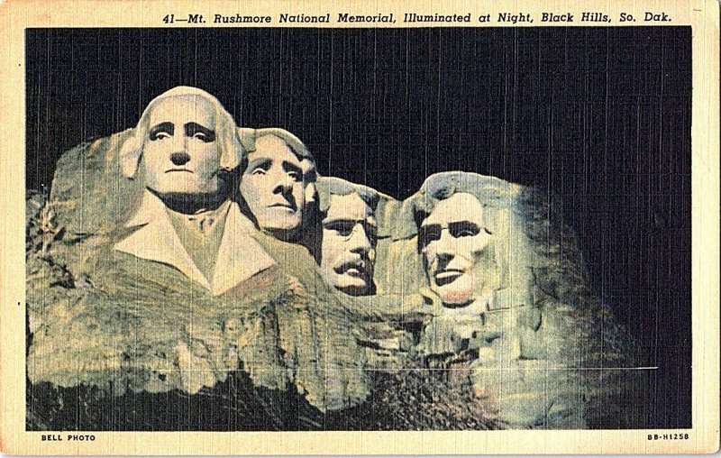 Mt. Rushmore Illuminated Night Black Hills Vintage Postcard Standard View Card 