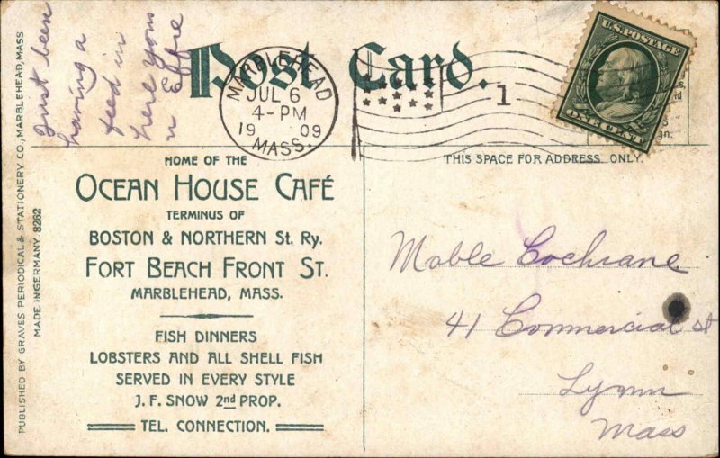 Marblehead MA Ocean House Caf� Fort Beach Advertising on Back Postcard