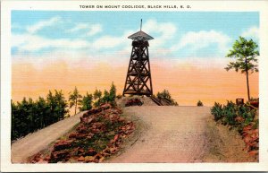 Vtg 1930s Tower on Mount Coolidge Black Hills South Dakota SD Linen Postcard