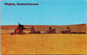 Regina Saskatchewan Combine Farming Grain Elevators Harvest Time Postcard H30