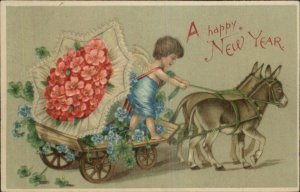 New Year - Cherub - Donkeys Pulling Flower Wagon c1910 Postcard
