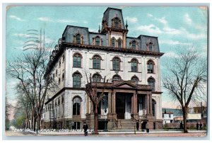 1909 Town Hall View People Sidewalk Dirt Road Jamaica Long Island N.Y. Postcard