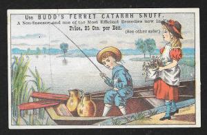 VICTORIAN TRADE CARD Budd's Ferret Catarrh Snuff Boy in Boat