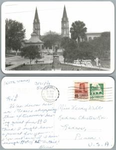 MATAMOROS MAIN SQUARE MEXICO 1959 VINTAGE REAL PHOTO POSTCARD RPPC w/ STAMPS