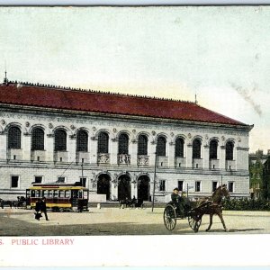 c1910s UDB Boston, MA Public Library Streetcar Horse Buggy Postcard Mass A145