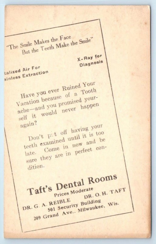 RPPC MILWAUKEE, WI ~ Advertising TAFT'S DENTAL ROOMS Dr. Reible & Taft Postcard 