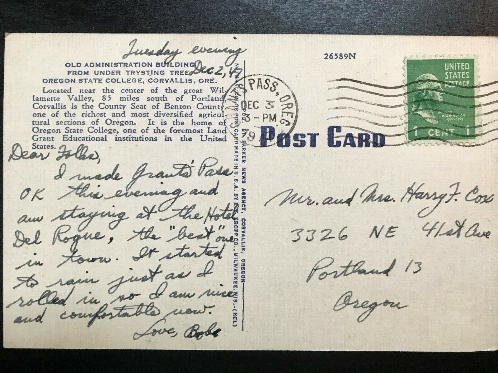 Vintage Postcard 1947 Administration Building Oregon State College