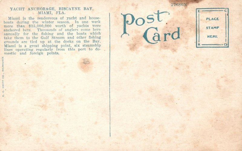 Vintage Postcard Yacht Anchorage Harbor Scene Biscayne Bay Miami Florida Fla.