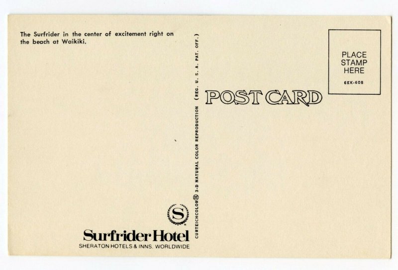 Postcard Surfrider Hotel Waikiki Hawaii Sheraton Hotels Standard View Card