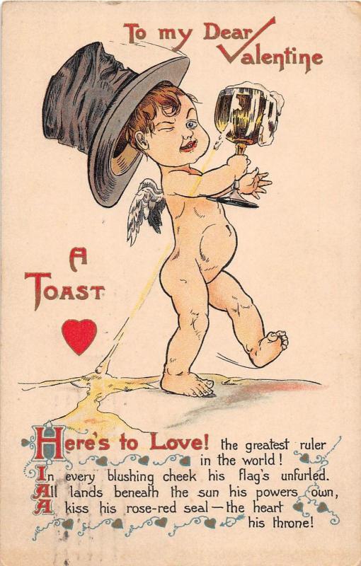 D41/ Valentine's Day Love Holiday Postcard 1910 Lincoln Illinois Top Hat Beer 16