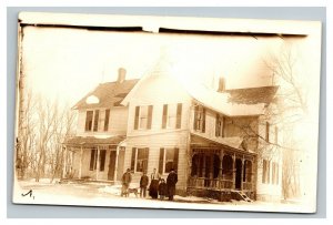 Vintage 1910's RPPC Postcard Family in front of their Farm Home with Dog