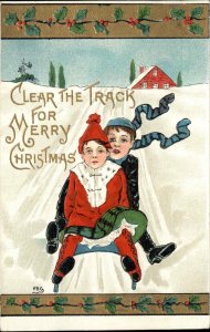 HBG Christmas Children Sledding Holly Border c1910 Vintage Postcard