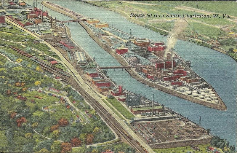 Aerial Route 60 Blaine Island Kanawha River West Virginia Postcard Vintage Linen