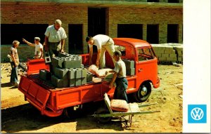 Volkswagen Postcard Men Loading Cinder Blocks Into Drop Side VW Bus Truck~3271