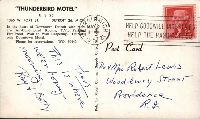 Detroit MI Michigan Thunderbird Motel West Fort St. Postcard