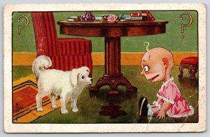 1951 Baby Doll Meets The Dog Animal Painting Representation Posted Postcard