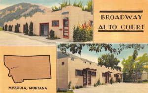 BROADWAY AUTO COURT Missoula, Montana Roadside c1940s Linen Vintage Postcard