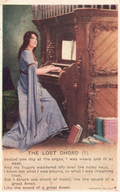 Vintage Postcard The Lost Chord Pretty Lady Playing Piano Purple Dress Books