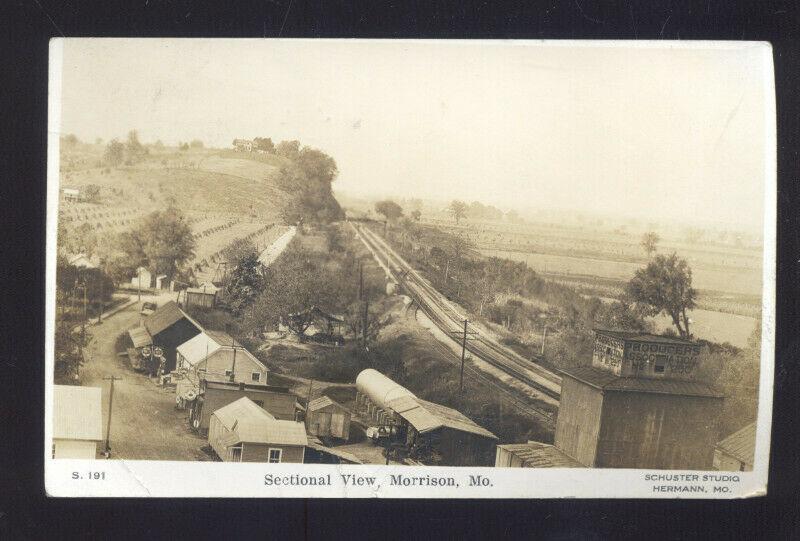 RPPC MORRISON MISSOURI BIRDSEYE VIEW RAILROAD DEPOT REAL PHOTO POSTCARD MO.