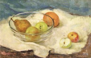 Fruits. Pearl, apple, orange Old vintage Swiss, artist signed postcard